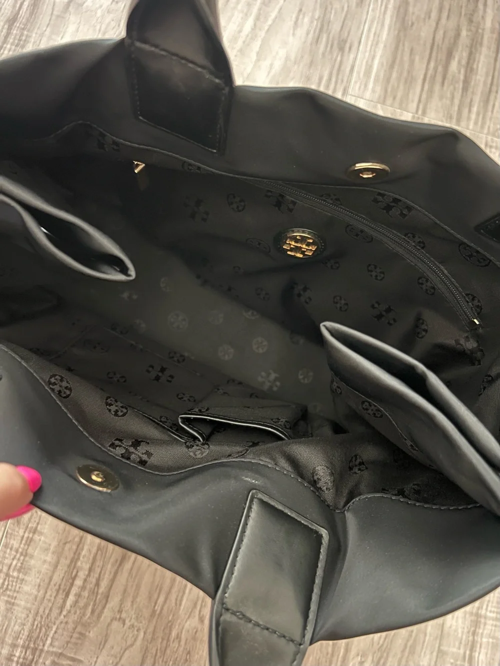 Tory Burch Black Nylon Ella Tote Bag Double T Logo Leather Trim Large Shopper